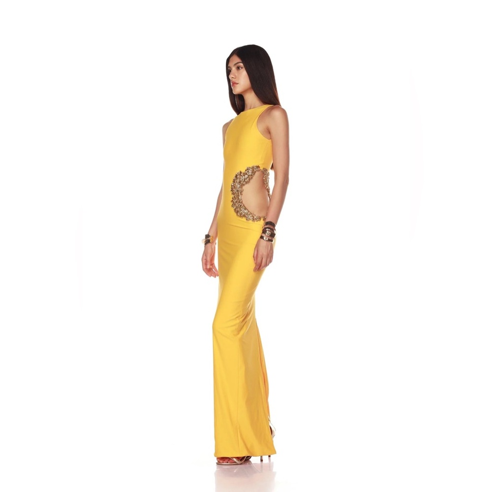 NWOT BRONX AND BANCO Camila Yellow Rhinestone Cutout Maxi Dress - Picture 6 of 15
